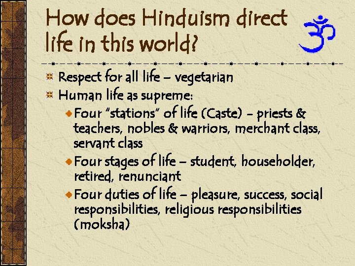How does Hinduism direct life in this world? Respect for all life – vegetarian