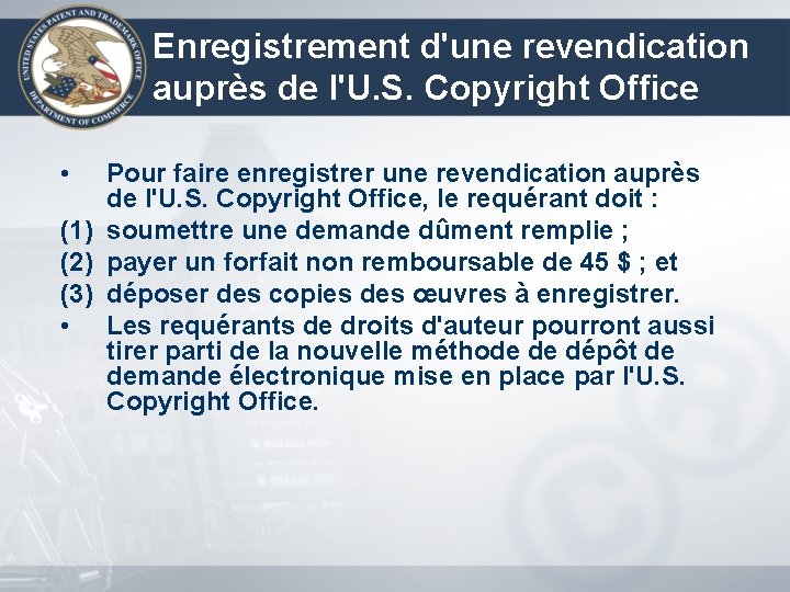 Enregistrement d'une revendication auprès de l'U. S. Copyright Office • Pour faire enregistrer une