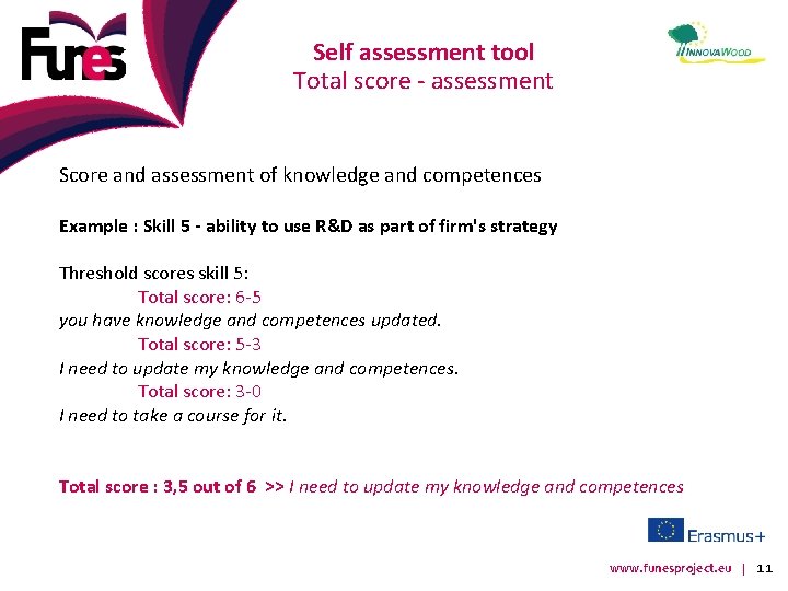 Self assessment tool Total score - assessment Score and assessment of knowledge and competences