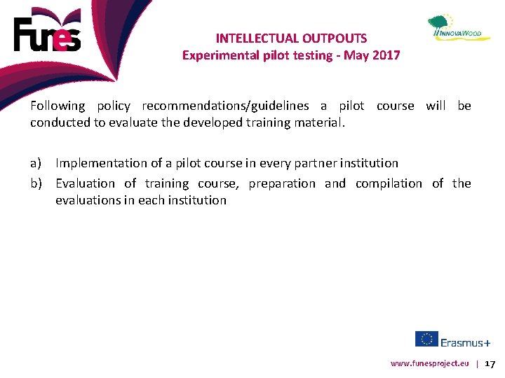 INTELLECTUAL OUTPOUTS Experimental pilot testing - May 2017 Following policy recommendations/guidelines a pilot course