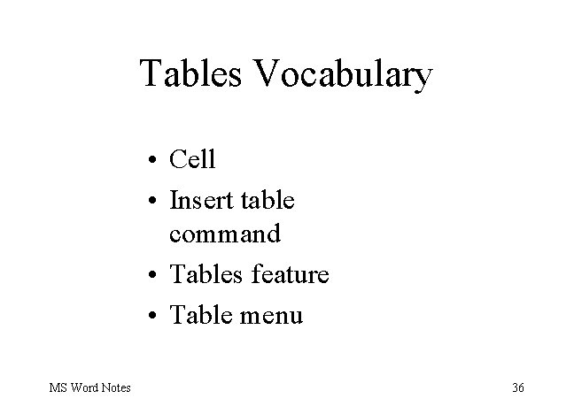 Tables Vocabulary • Cell • Insert table command • Tables feature • Table menu