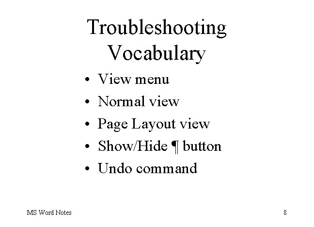 Troubleshooting Vocabulary • • • MS Word Notes View menu Normal view Page Layout