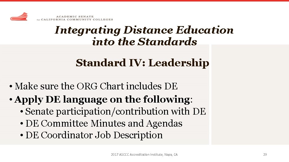 Integrating Distance Education into the Standards Standard IV: Leadership • Make sure the ORG