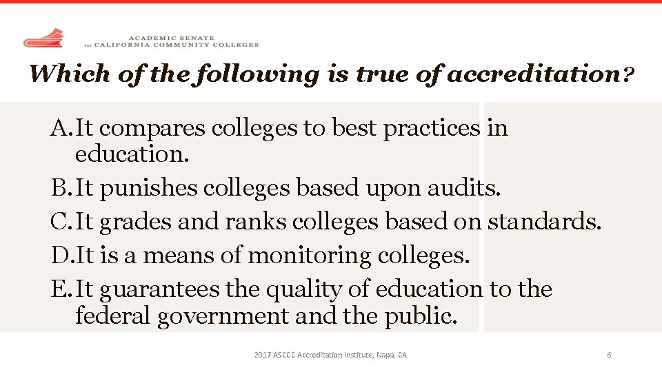 Which of the following is true of accreditation ? A. It compares colleges to
