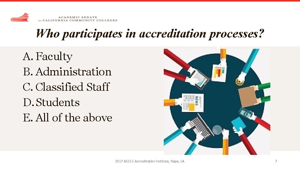 Who participates in accreditation processes? A. Faculty B. Administration C. Classified Staff D. Students