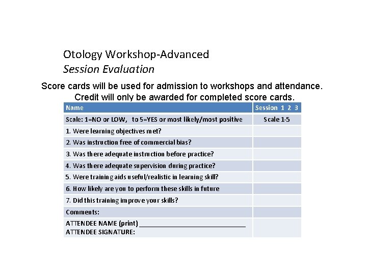 Otology Workshop-Advanced Session Evaluation Score cards will be used for admission to workshops and