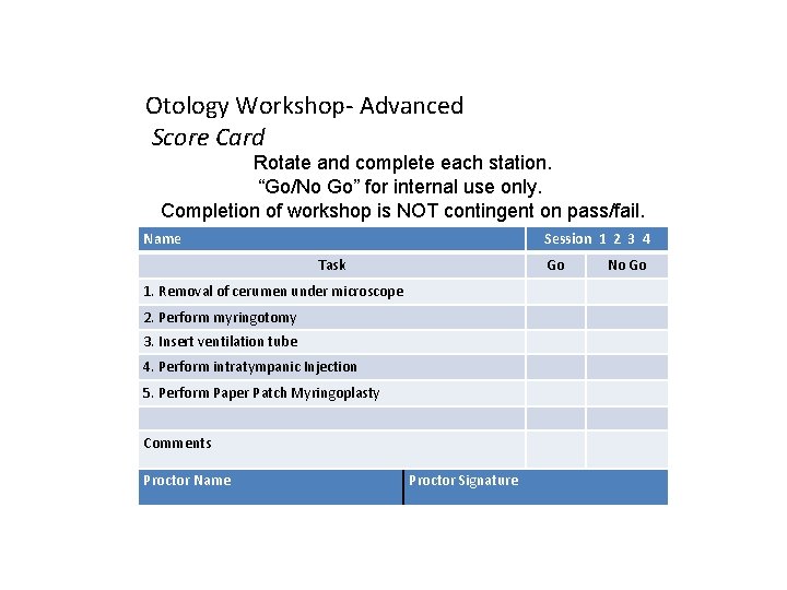 Otology Workshop- Advanced Score Card Rotate and complete each station. “Go/No Go” for internal