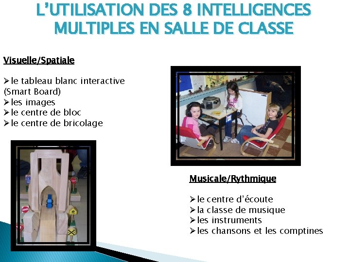 L’UTILISATION DES 8 INTELLIGENCES MULTIPLES EN SALLE DE CLASSE Visuelle/Spatiale Øle tableau blanc interactive