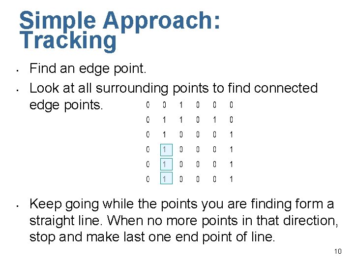 Simple Approach: Tracking • • • Find an edge point. Look at all surrounding