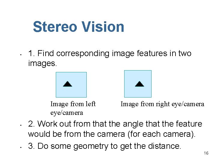 Stereo Vision • 1. Find corresponding image features in two images. Image from left