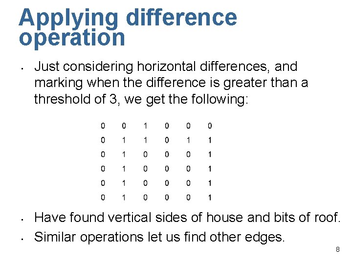Applying difference operation • • • Just considering horizontal differences, and marking when the