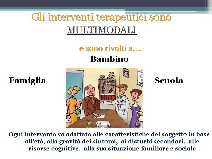 Gli interventi terapeutici sono MULTIMODALI e sono rivolti a…. Bambino Famiglia Scuola Ogni intervento