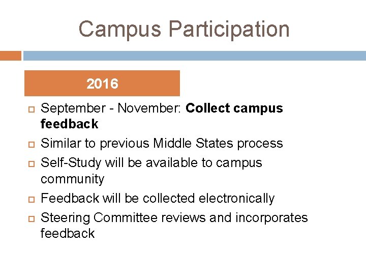 Campus Participation 2016 September - November: Collect campus feedback Similar to previous Middle States