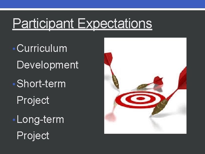 Participant Expectations • Curriculum Development • Short-term Project • Long-term Project 