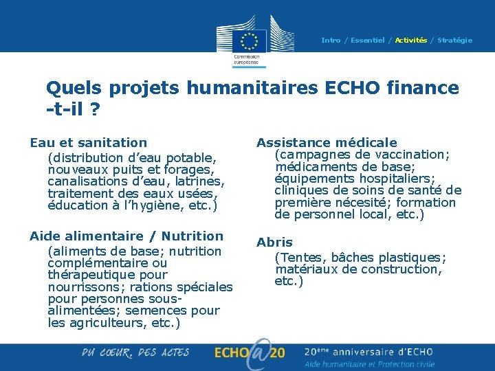 Intro / Essentiel / Activités / Stratégie Quels projets humanitaires ECHO finance -t-il ? Intro / Essentiel / Activités / Stratégie Quels projets humanitaires ECHO finance -t-il ?