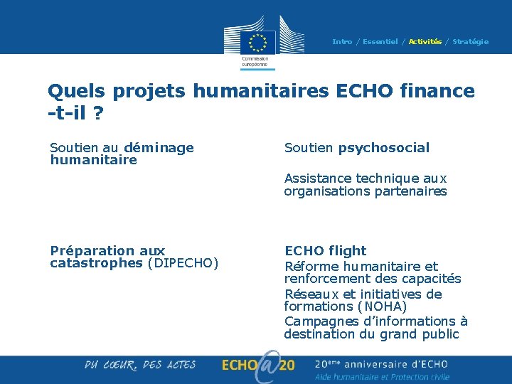 Intro / Essentiel / Activités / Stratégie Quels projets humanitaires ECHO finance -t-il ? Intro / Essentiel / Activités / Stratégie Quels projets humanitaires ECHO finance -t-il ?