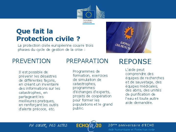 Que fait la Protection civile ? La protection civile européenne couvre trois phases du Que fait la Protection civile ? La protection civile européenne couvre trois phases du