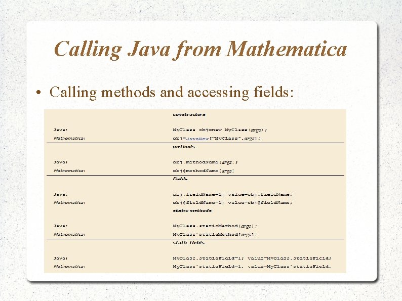 Calling Java from Mathematica • Calling methods and accessing fields: Calling Java from Mathematica • Calling methods and accessing fields: