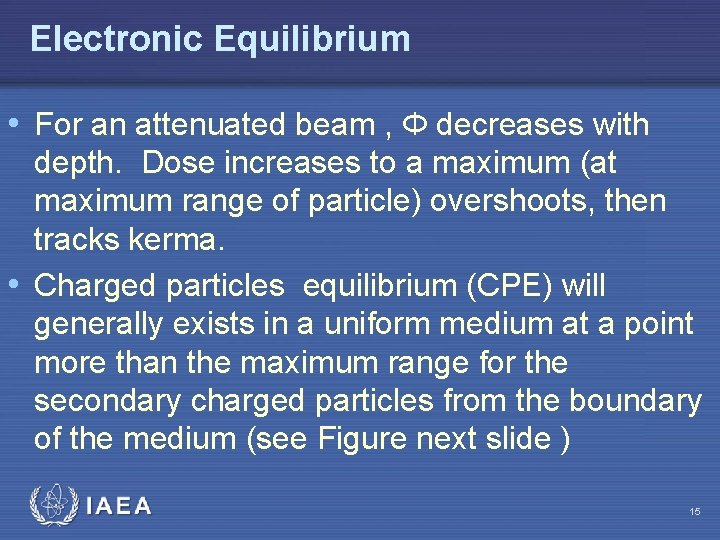 Electronic Equilibrium • For an attenuated beam , Φ decreases with depth. Dose increases