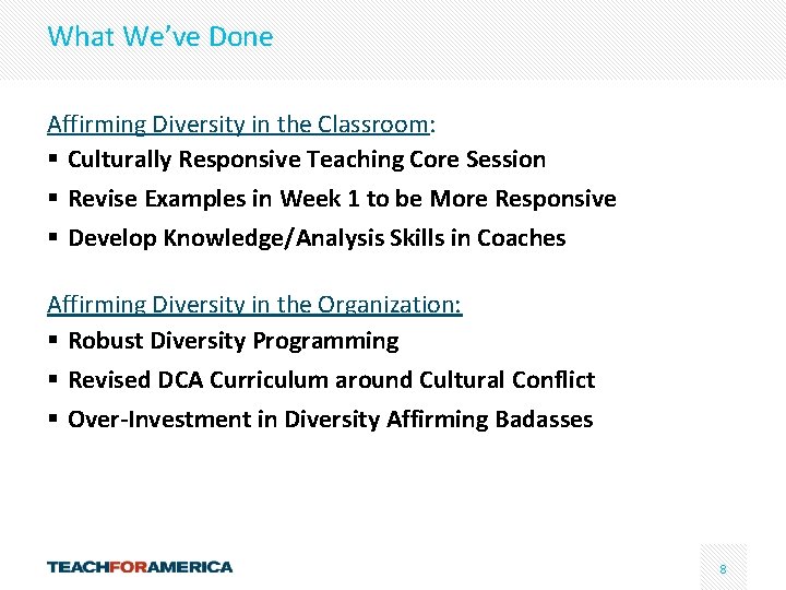 What We’ve Done Affirming Diversity in the Classroom: § Culturally Responsive Teaching Core Session