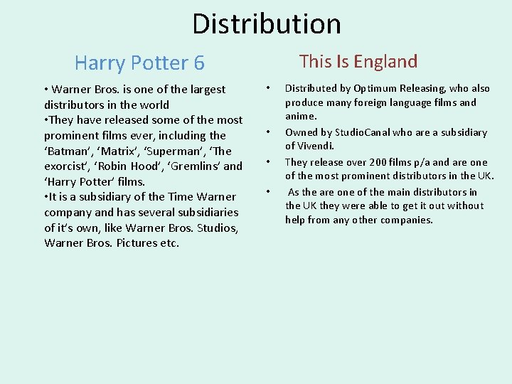 Distribution Harry Potter 6 • Warner Bros. is one of the largest distributors in