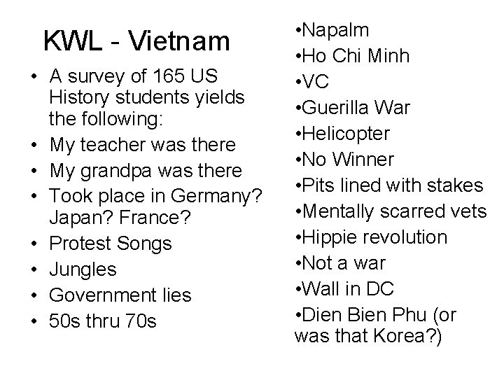 KWL - Vietnam • A survey of 165 US History students yields the following: