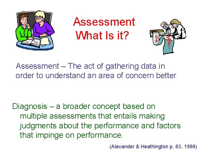  Assessment What Is it? Assessment – The act of gathering data in order