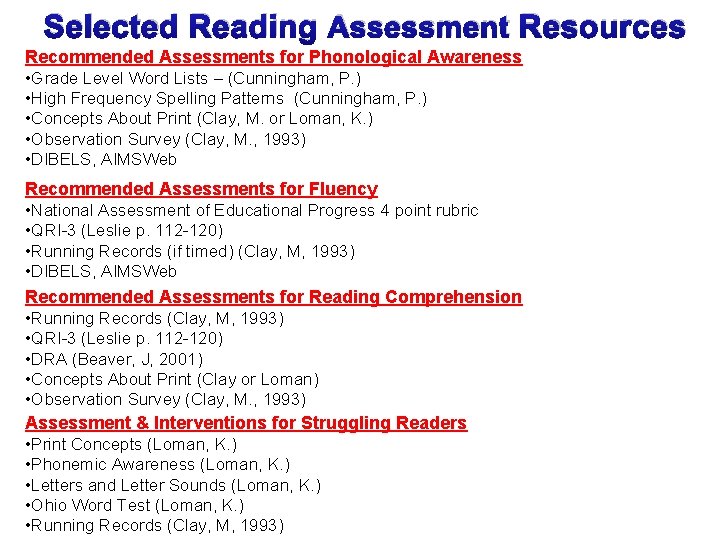 Selected Reading Assessment Resources Recommended Assessments for Phonological Awareness • Grade Level Word Lists
