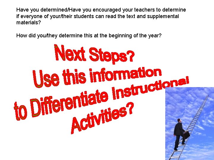 Have you determined/Have you encouraged your teachers to determine if everyone of your/their students