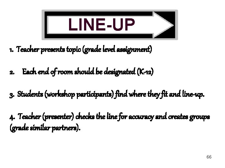 LINE-UP 1. Teacher presents topic (grade level assignment) 2. Each end of room should