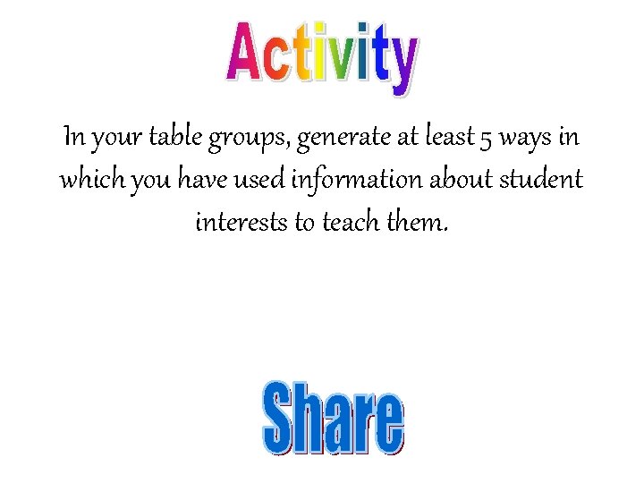 In your table groups, generate at least 5 ways in which you have used