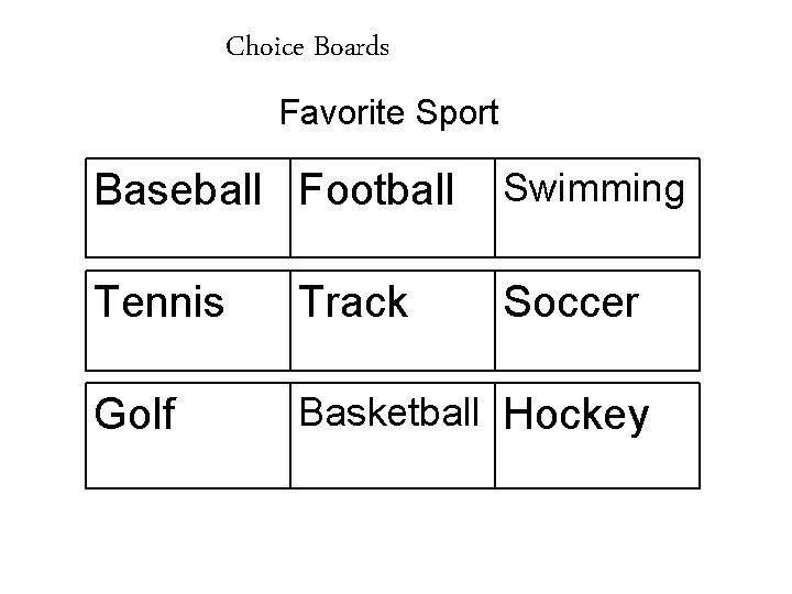 Choice Boards Favorite Sport Baseball Football Swimming Tennis Track Soccer Golf Basketball Hockey 