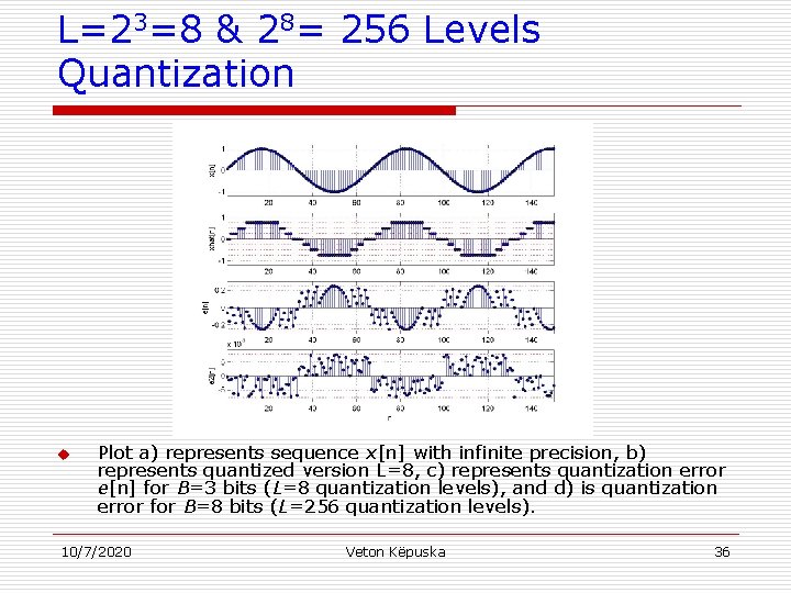 L=23=8 & 28= 256 Levels Quantization u Plot a) represents sequence x[n] with infinite