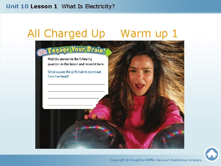 Unit 10 Lesson 1 What Is Electricity? All Charged Up Warm up 1 Copyright