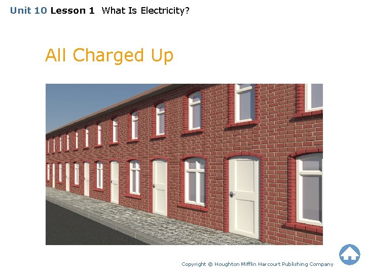 Unit 10 Lesson 1 What Is Electricity? All Charged Up Copyright © Houghton Mifflin