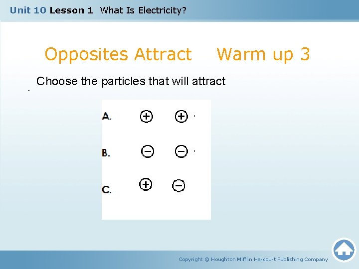 Unit 10 Lesson 1 What Is Electricity? Opposites Attract Warm up 3 . Choose