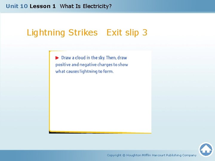 Unit 10 Lesson 1 What Is Electricity? Lightning Strikes Exit slip 3 Copyright ©