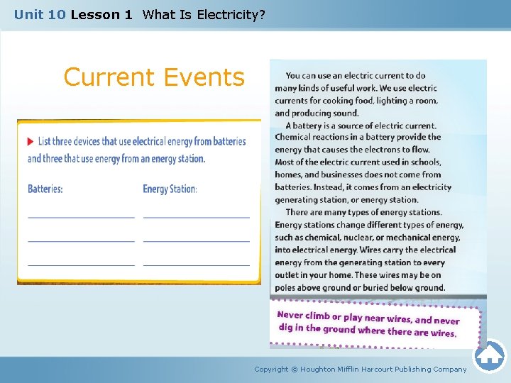 Unit 10 Lesson 1 What Is Electricity? Current Events Copyright © Houghton Mifflin Harcourt