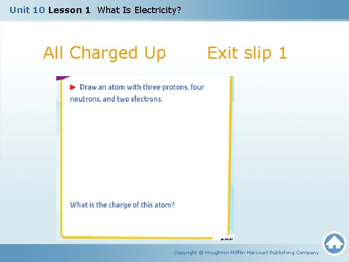 Unit 10 Lesson 1 What Is Electricity? All Charged Up Exit slip 1 Copyright