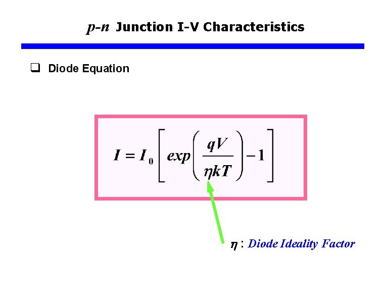 p-n Junction I-V Characteristics q Diode Equation : Diode Ideality Factor 