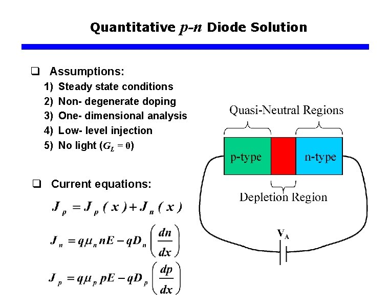 Quantitative p-n Diode Solution q Assumptions: 1) 2) 3) 4) 5) Steady state conditions