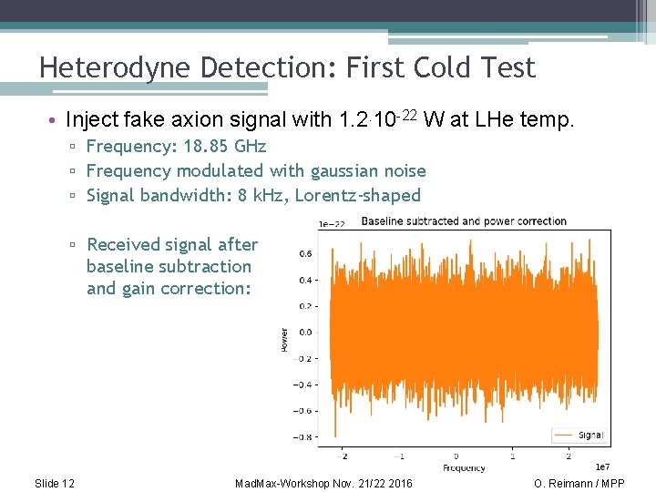 Heterodyne Detection: First Cold Test • Inject fake axion signal with 1. 2. 10