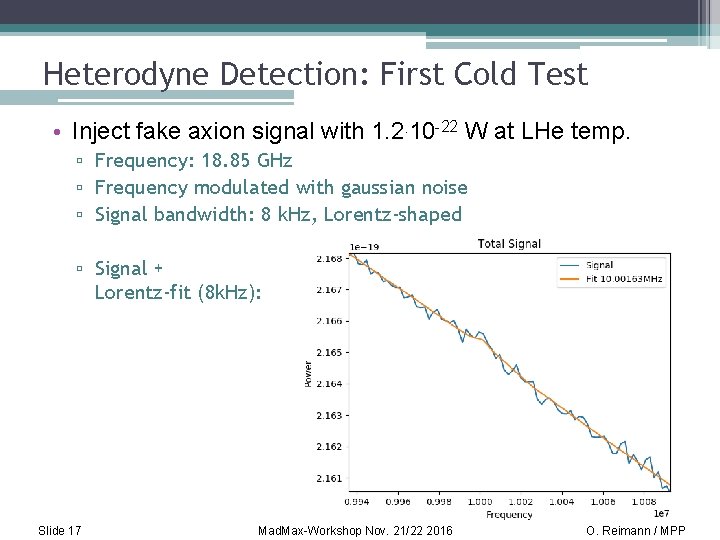 Heterodyne Detection: First Cold Test • Inject fake axion signal with 1. 2. 10