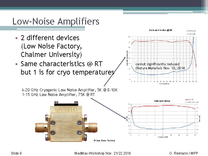Low-Noise Amplifiers • 2 different devices (Low Noise Factory, Chalmer University) • Same characteristics