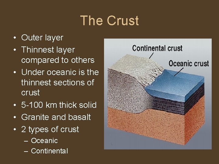 The Crust • Outer layer • Thinnest layer compared to others • Under oceanic
