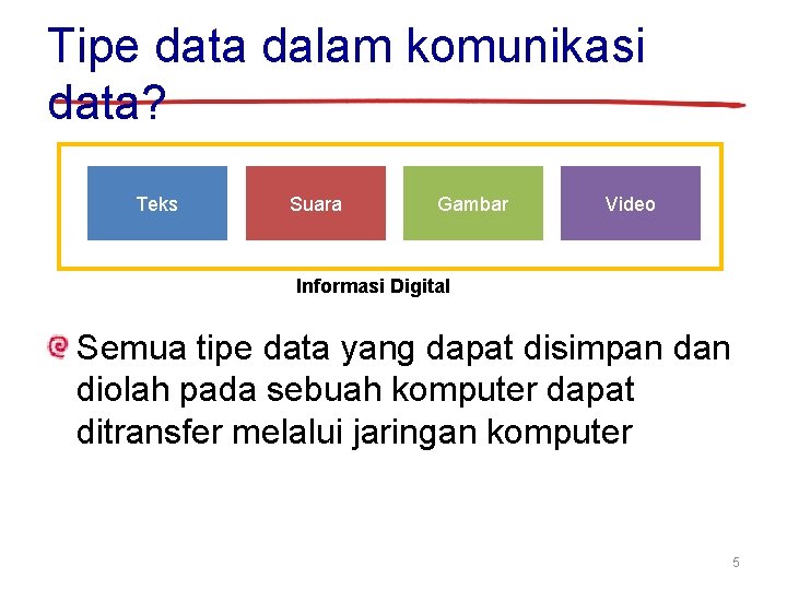 Tipe data dalam komunikasi data? Teks Suara Gambar Video Informasi Digital Semua tipe data