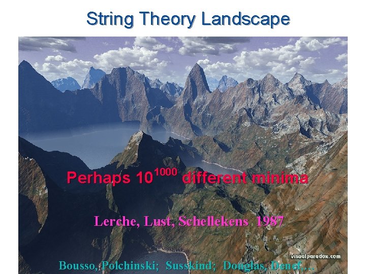 String Theory Landscape 1000 Perhaps 10 different minima Lerche, Lust, Schellekens 1987 Bousso, Polchinski; String Theory Landscape 1000 Perhaps 10 different minima Lerche, Lust, Schellekens 1987 Bousso, Polchinski;