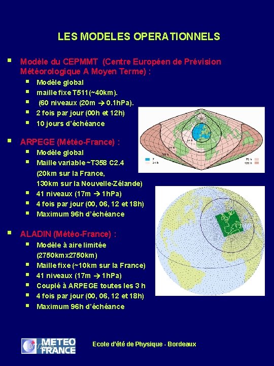 LES MODELES OPERATIONNELS § Modèle du CEPMMT (Centre Européen de Prévision Météorologique A Moyen