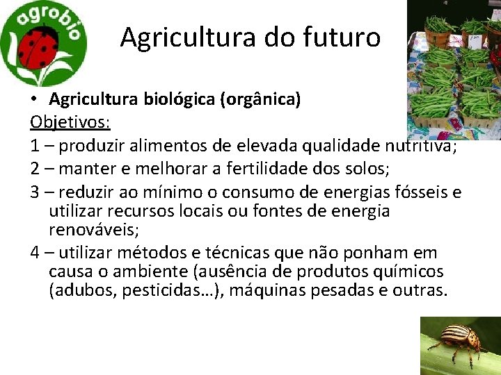 Agricultura do futuro • Agricultura biológica (orgânica) Objetivos: 1 – produzir alimentos de elevada