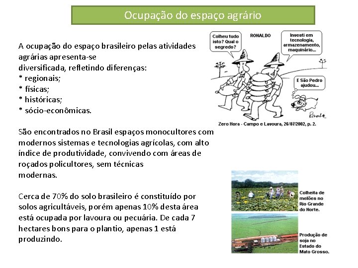 Ocupação do espaço agrário A ocupação do espaço brasileiro pelas atividades agrárias apresenta-se diversificada,